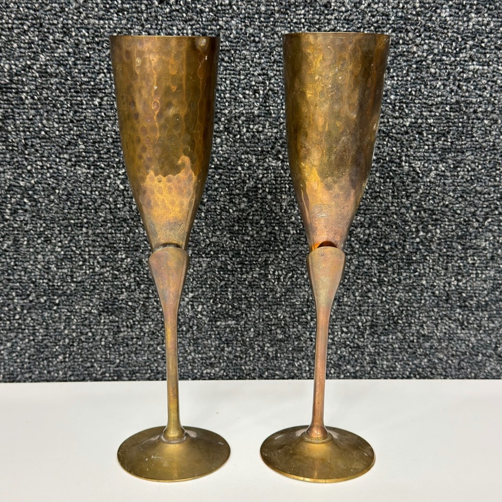 Vintage Hammered Brass Champagne Flutes Set of 2 India‎ Toasting Glasses Patina